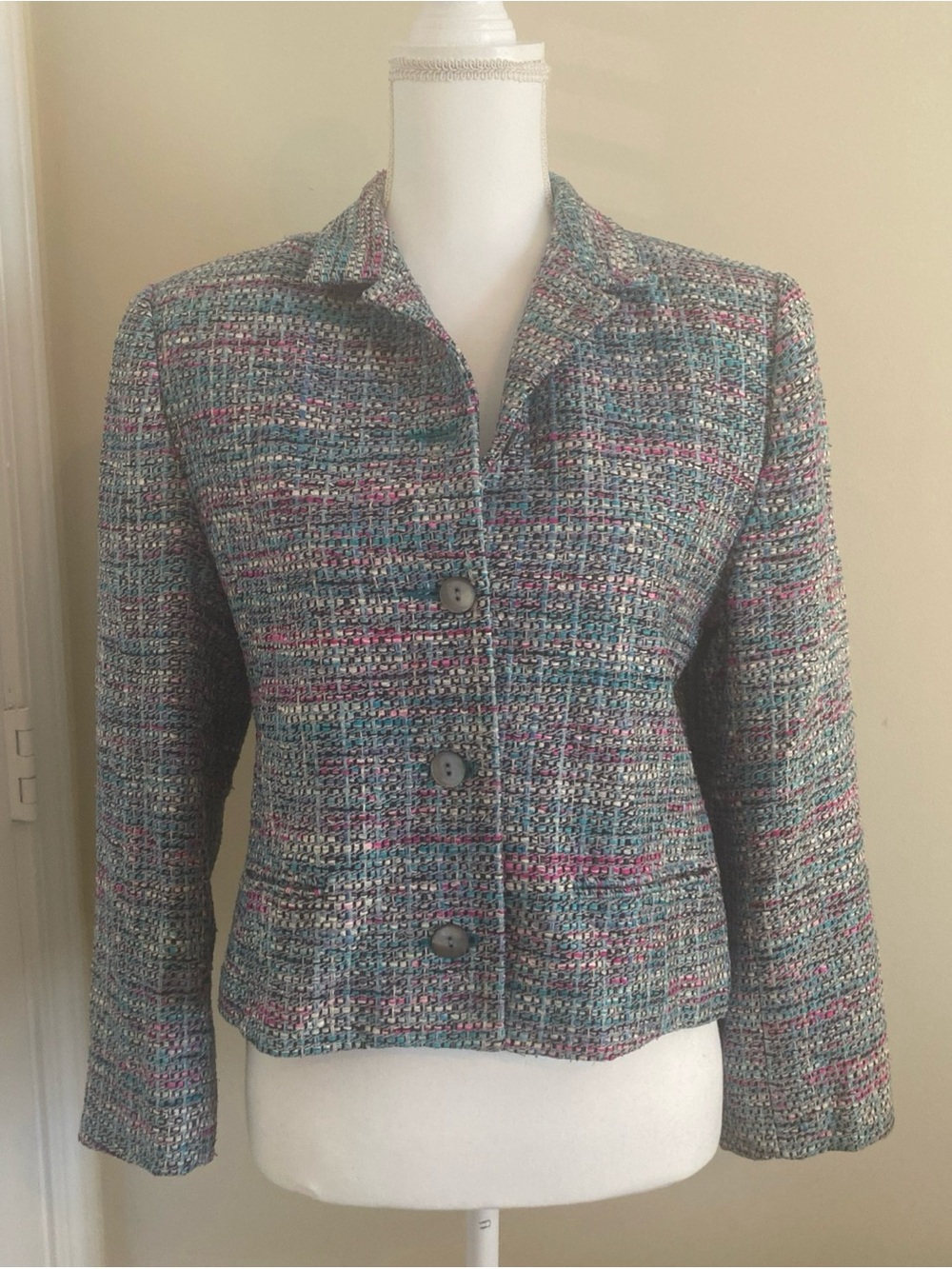 Textured Multi-Color 100% Silk  Blazer - Blue/Pink